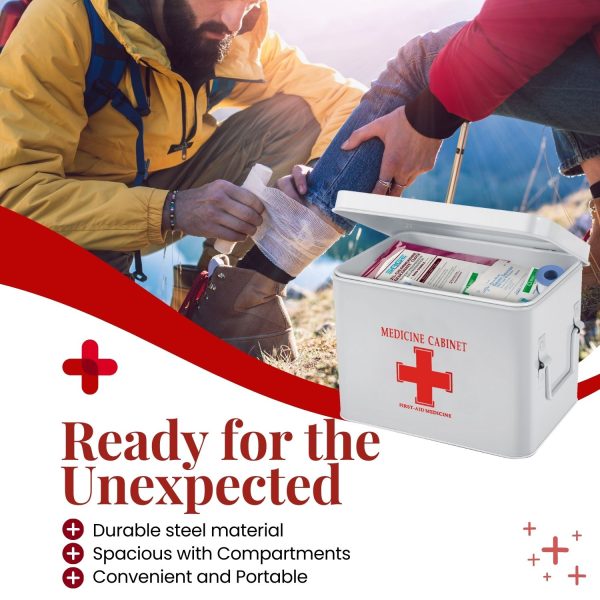 Flexzion First Aid Box Organizer, Empty 8.5 Inch White Vintage First Aid Kit Tin Metal Medical Box First Aid Storage Box Container Bins with Dividers, Removable Tray and Cross Logo - Image 3
