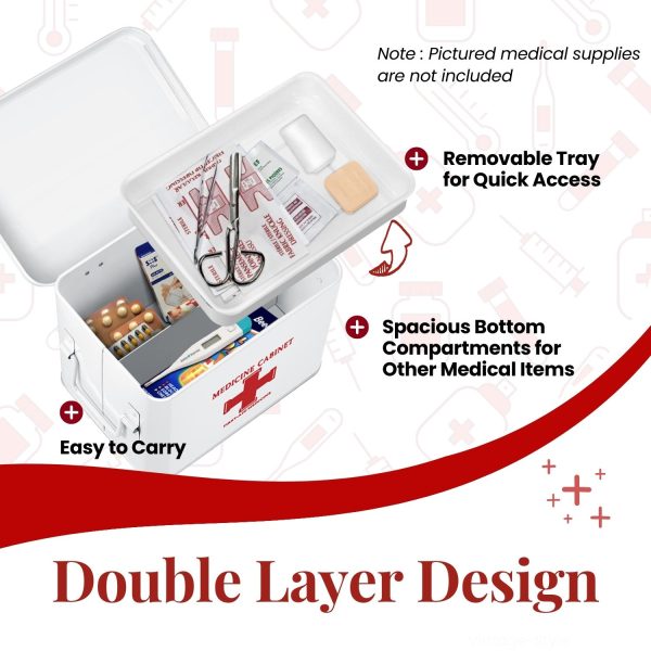 Flexzion First Aid Box Organizer, Empty 8.5 Inch White Vintage First Aid Kit Tin Metal Medical Box First Aid Storage Box Container Bins with Dividers, Removable Tray and Cross Logo - Image 4