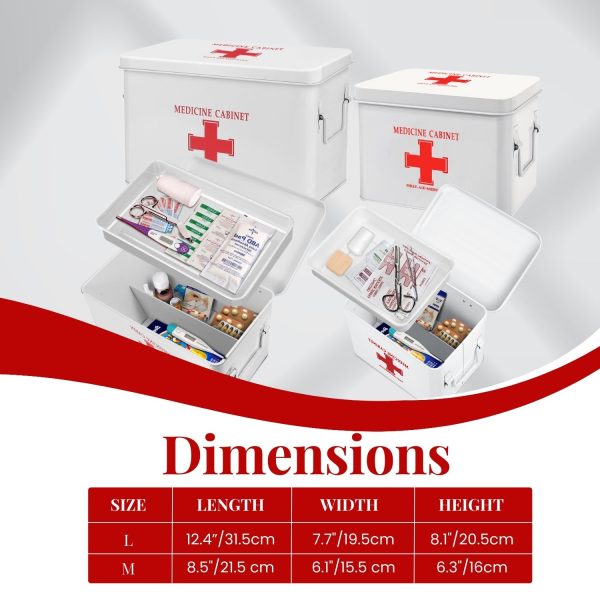 Flexzion First Aid Box Organizer, Empty 8.5 Inch White Vintage First Aid Kit Tin Metal Medical Box First Aid Storage Box Container Bins with Dividers, Removable Tray and Cross Logo - Image 6