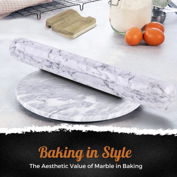 Flexzion French Rolling Pin, 12 Inch White Marble Rolling Pins for Baking with Wooden Base Holder Stand - Non-Stick Baking Roller for Baking Fondant, Crust, Pastry, Cookies, Pizza, Pasta - Image 3