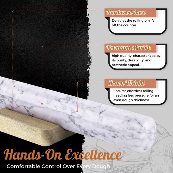 Flexzion French Rolling Pin, 12 Inch White Marble Rolling Pins for Baking with Wooden Base Holder Stand - Non-Stick Baking Roller for Baking Fondant, Crust, Pastry, Cookies, Pizza, Pasta - Image 4