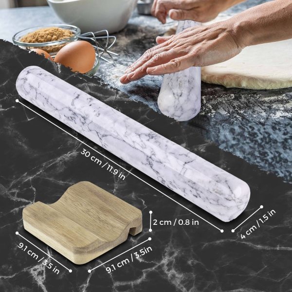 Flexzion French Rolling Pin, 12 Inch White Marble Rolling Pins for Baking with Wooden Base Holder Stand - Non-Stick Baking Roller for Baking Fondant, Crust, Pastry, Cookies, Pizza, Pasta - Image 8