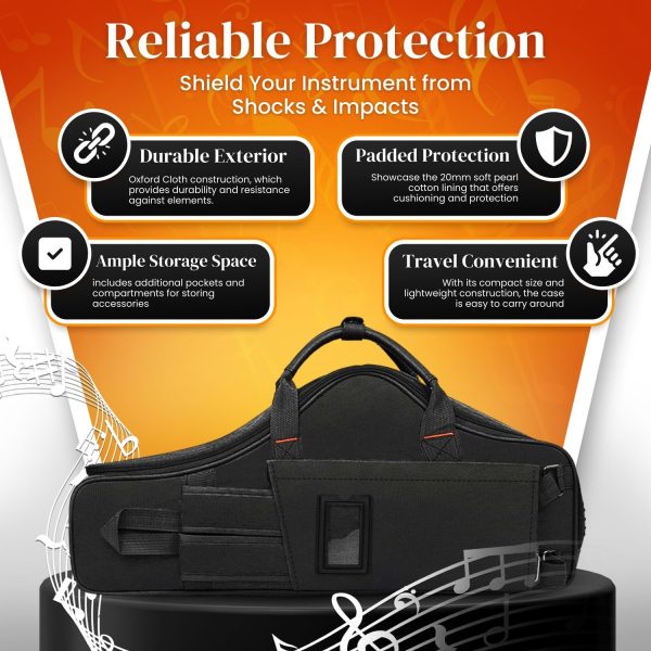 Flexzion Alto Saxophone Case – Black, Oxford Cloth, 20mm Padded Alto Sax Case with Double Zipper - Dual Carry Design - Padded Double Shoulder Straps - Lightweight Saxophone Gig Bag for Student Commute - Image 4