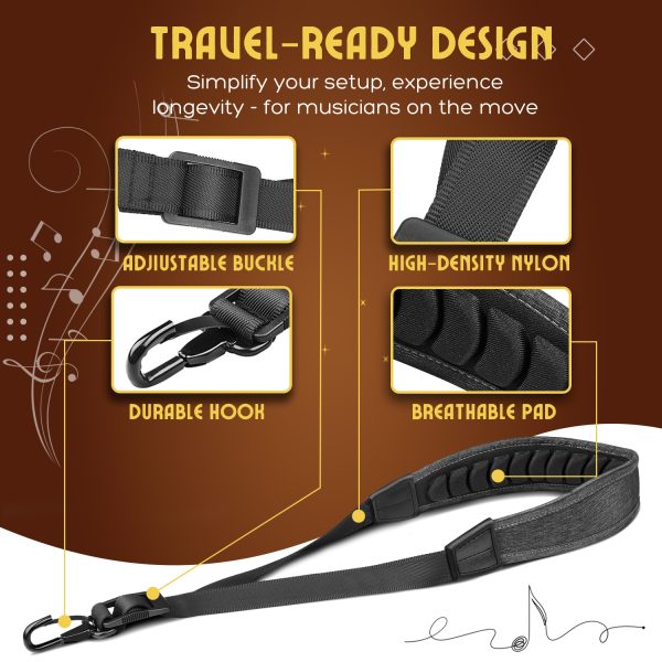 Flexzion Saxophone Neck Shoulder Strap Padded, Sax Holder w/ Adjustable Harness Belt & Metal Hook, Musical Instrument Accessory, for Tenor Alto Soprano Sax/Clarinets Baritone Reeds & Horn, Grey - Image 2