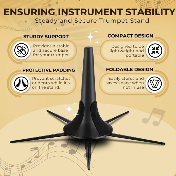 Flexzion Trumpet Stand Holder Portable - 5 Metal Leg Foldable Compact Tripod Display Stand with Anti-Scratch Felt Pads, Stable Support Musical Accessories for 4.5" Standard Bell Size, Brass Band - Image 5
