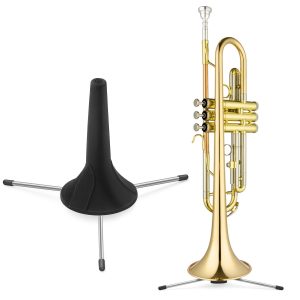 Flexzion In-Bell Trumpet Stand Holder, Foldable Compact Portable Tripod Steel 3 Leg Display Stand, Floor-Level with Self-storage Peg Compartment and Holder Felt Pads (Black)
