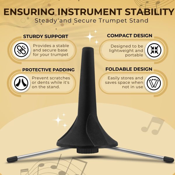 Flexzion In-Bell Trumpet Stand Holder, Foldable Compact Portable Tripod Steel 3 Leg Display Stand, Floor-Level with Self-storage Peg Compartment and Holder Felt Pads (Black) - Image 5