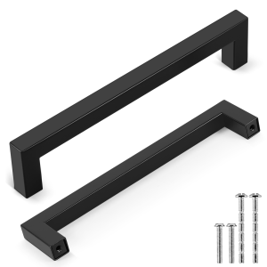 Flexzion Cabinet Handles Black Cabinet Pulls and Knobs, 6.25-Inch Modern Square Dresser Drawer Handles for Kitchen Cupboard, Bathroom, Vanity, Cabinet Drawer Door Hardware Replacement (5 Pack, Black)