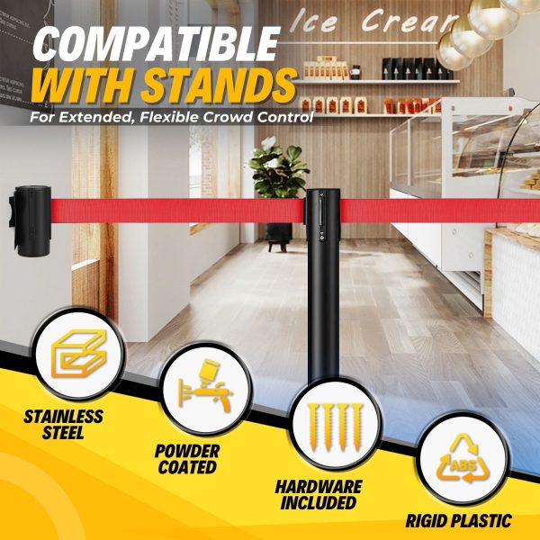 Flexzion Crowd Control Retractable Belt Barrier - 10Ft 3m Wall Mounted Safety Barrier Belt, Queue Line Dividers with Nylon Rope Belt & Sturdy Steel Red Case for Indoor/Outdoor Use - Image 4