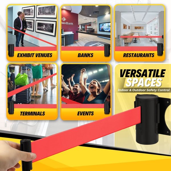 Flexzion Crowd Control Retractable Belt Barrier - 10Ft 3m Wall Mounted Safety Barrier Belt, Queue Line Dividers with Nylon Rope Belt & Sturdy Steel Red Case for Indoor/Outdoor Use - Image 5