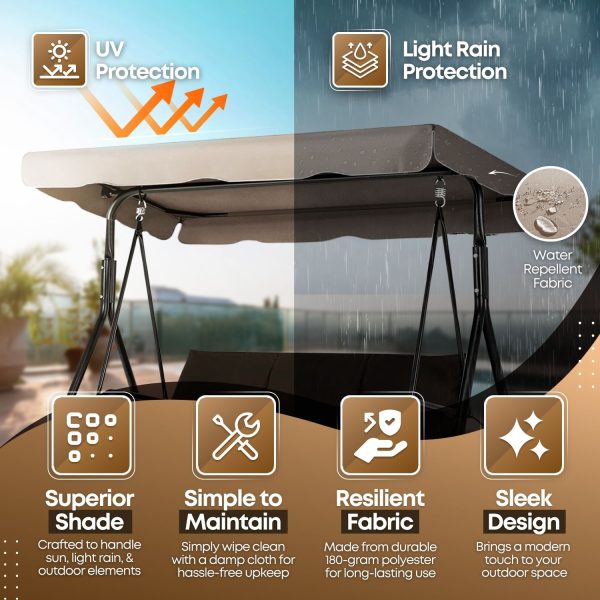 Flexzion Replacement Canopy For Outdoor Swing - 72" x 52" / 1.83m x 1.32m 2 Seat Bench Glider Swings Shade Fabric UV Weather Waterproof For Outdoor Garden Patio Yard Park Porch Seat Furniture, Beige - Image 3