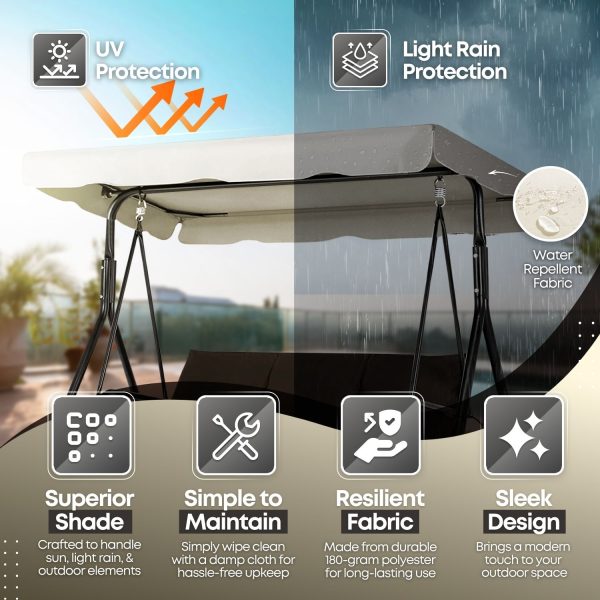 Flexzion Replacement Canopy For Outdoor Swing - 72" x 52" / 1.83m x 1.32m 2 Seat Bench Glider Swings Shade Fabric UV Weather Waterproof For Outdoor Garden Patio Yard Park Porch Seat Furniture, White - Image 3