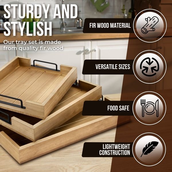 Flexzion Rustic Serving Tray Set - 3-piece Stackable Fir Wood Serving Tray with Handle, Wooden Breakfast Tray, Durable Nested Charcuterie Tray for Ottoman Coffee Table, Food & Decor Tray Set - Image 3