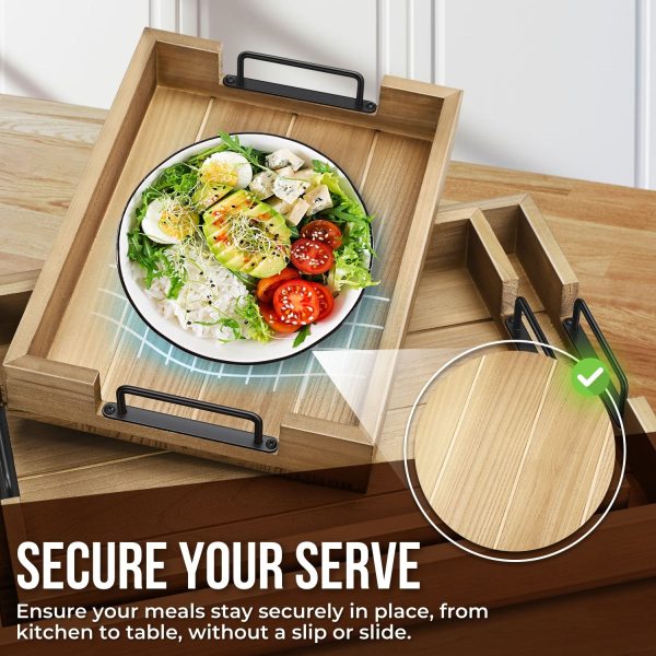 Flexzion Rustic Serving Tray Set - 3-piece Stackable Fir Wood Serving Tray with Handle, Wooden Breakfast Tray, Durable Nested Charcuterie Tray for Ottoman Coffee Table, Food & Decor Tray Set - Image 4