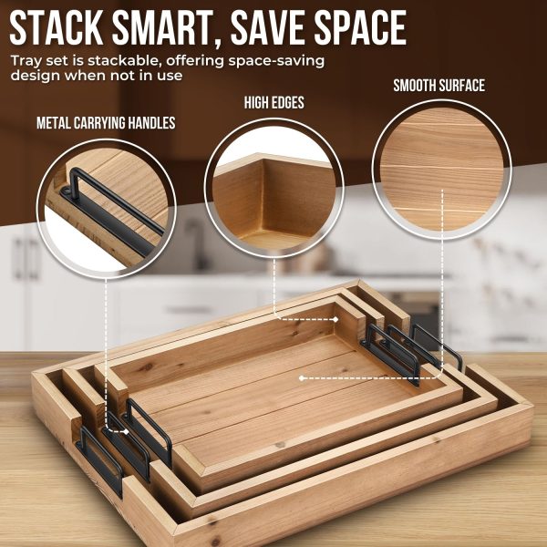 Flexzion Rustic Serving Tray Set - 3-piece Stackable Fir Wood Serving Tray with Handle, Wooden Breakfast Tray, Durable Nested Charcuterie Tray for Ottoman Coffee Table, Food & Decor Tray Set - Image 5