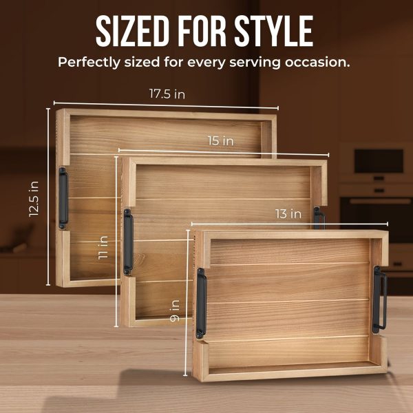 Flexzion Rustic Serving Tray Set - 3-piece Stackable Fir Wood Serving Tray with Handle, Wooden Breakfast Tray, Durable Nested Charcuterie Tray for Ottoman Coffee Table, Food & Decor Tray Set - Image 6