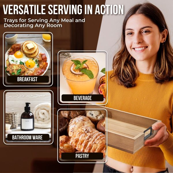 Flexzion Rustic Serving Tray Set - 3-piece Stackable Fir Wood Serving Tray with Handle, Wooden Breakfast Tray, Durable Nested Charcuterie Tray for Ottoman Coffee Table, Food & Decor Tray Set - Image 7