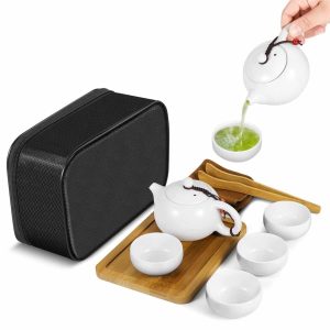 Flexzion Chinese Japanese Vintage Kungfu Gongfu Tea Set Portable Travel Teapot, White Porcelain Porcelain Ceramic Tea pot, 4 Tea Cup, Bamboo Tea Tray, Tea Mat, Portable Travel Bag