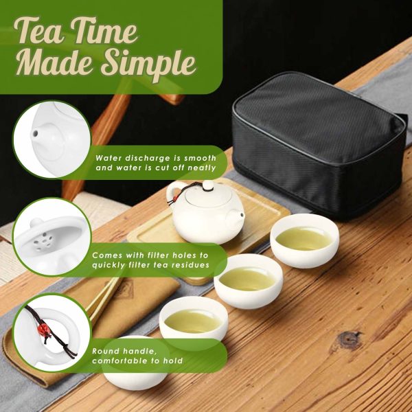 Flexzion Chinese Japanese Vintage Kungfu Gongfu Tea Set Portable Travel Teapot, White Porcelain Porcelain Ceramic Tea pot, 4 Tea Cup, Bamboo Tea Tray, Tea Mat, Portable Travel Bag - Image 3
