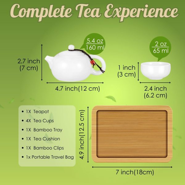 Flexzion Chinese Japanese Vintage Kungfu Gongfu Tea Set Portable Travel Teapot, White Porcelain Porcelain Ceramic Tea pot, 4 Tea Cup, Bamboo Tea Tray, Tea Mat, Portable Travel Bag - Image 5