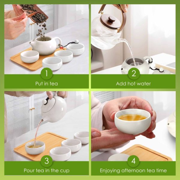 Flexzion Chinese Japanese Vintage Kungfu Gongfu Tea Set Portable Travel Teapot, White Porcelain Porcelain Ceramic Tea pot, 4 Tea Cup, Bamboo Tea Tray, Tea Mat, Portable Travel Bag - Image 6