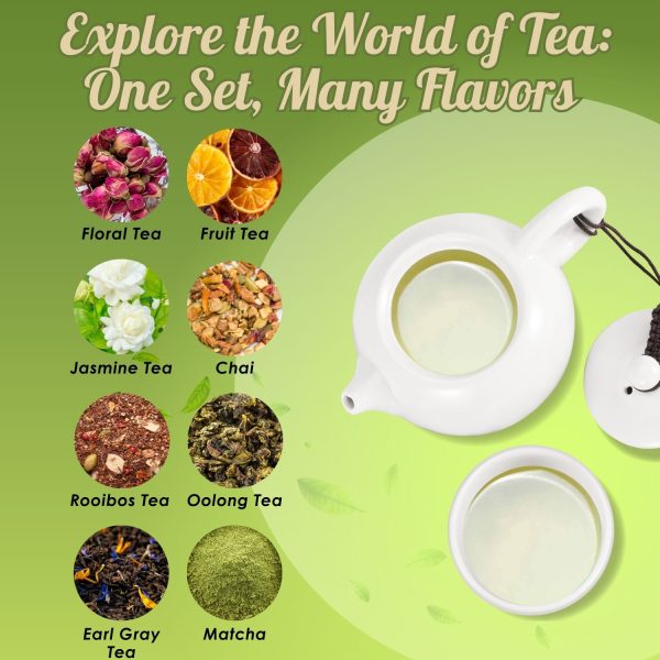 Flexzion Chinese Japanese Vintage Kungfu Gongfu Tea Set Portable Travel Teapot, White Porcelain Porcelain Ceramic Tea pot, 4 Tea Cup, Bamboo Tea Tray, Tea Mat, Portable Travel Bag - Image 7