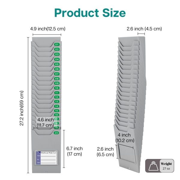 Flexzion Time Card Holder Wall Mount Expandable Time Clock Rack Single Row 20 Slot Rack Card Holder for 7 x 4.6-Inch Timesheets for Attendance Payroll Employee Assignment In Out Timecard Rack, Gray - Image 3
