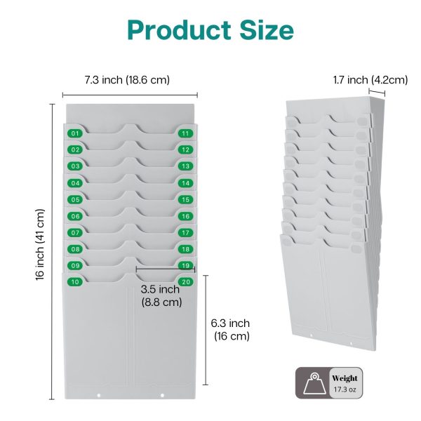 Flexzion Time Card Holder Wall Mount Expandable Time Clock Rack Double Row 20 Slot Rack Card Holder for 7 x 3.46-Inch Timesheets for Attendance Payroll Employee Assignment In Out Timecard Rack, Gray - Image 3