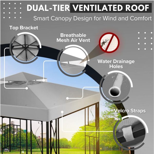 Flexzion Gazebo Cover Replacement Canopy Top 12x12 Ft (3.6m x 3.6m) - Double Tier Top Canopy Cover Replacement with UV30+, Dirt, Water Resistant for Outdoor, Sunshade, Garden, Patio, Pavilion (Gray) - Image 5
