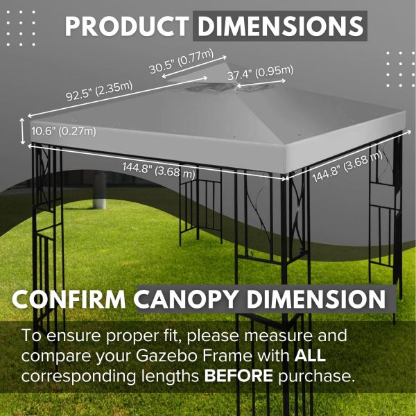 Flexzion Gazebo Cover Replacement Canopy Top 12x12 Ft (3.6m x 3.6m) - Double Tier Top Canopy Cover Replacement with UV30+, Dirt, Water Resistant for Outdoor, Sunshade, Garden, Patio, Pavilion (Gray) - Image 6