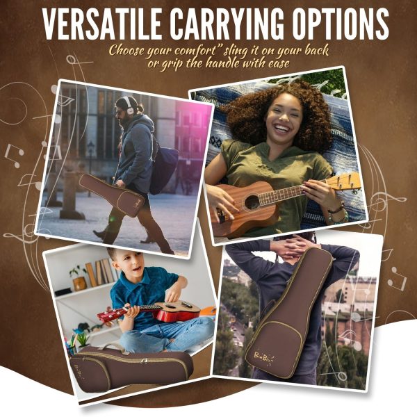 Flexzion Ukulele Case Bag - Ukulele 23 Inch Concert Backpack Soft Case -  Waterproof Uke Gig Bag with Carrying Handle, Pocket & Adjustable Shoulder Strap, Brown - Image 6