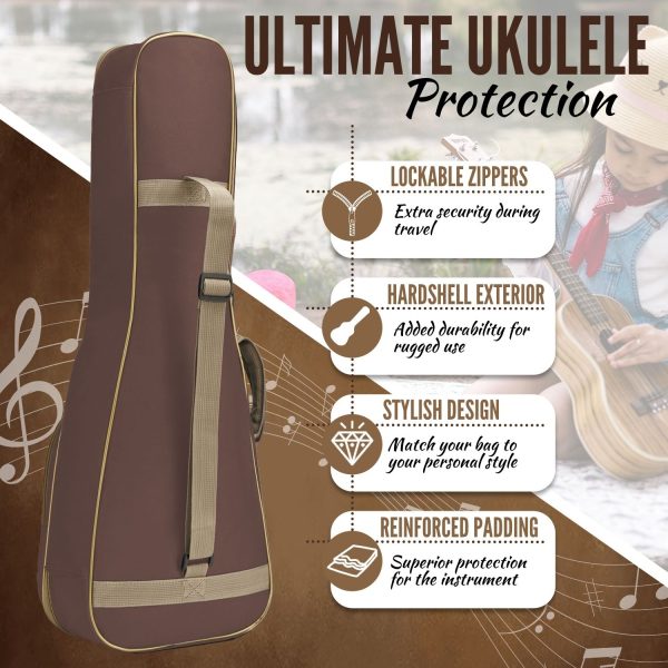 Flexzion Ukulele Case Bag - Ukulele 23 Inch Concert Backpack Soft Case -  Waterproof Uke Gig Bag with Carrying Handle, Pocket & Adjustable Shoulder Strap, Brown - Image 8