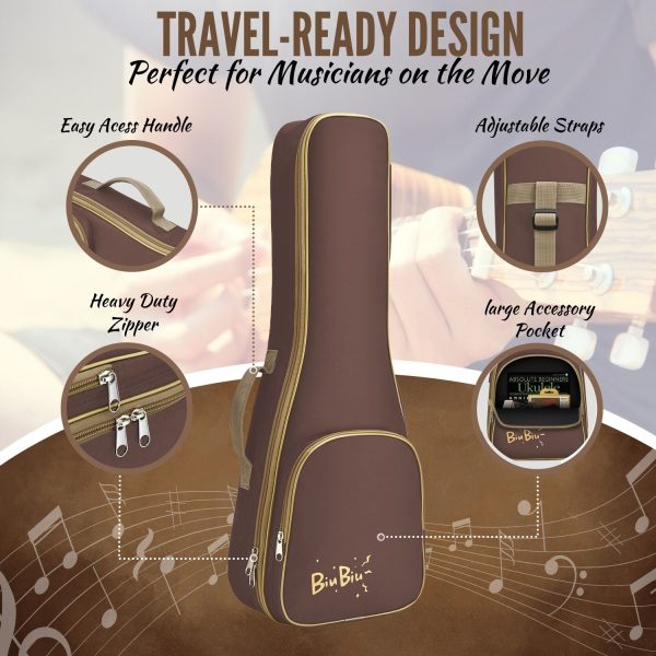 Flexzion Ukulele Case Bag - Ukulele 23 Inch Concert Backpack Soft Case -  Waterproof Uke Gig Bag with Carrying Handle, Pocket & Adjustable Shoulder Strap, Brown - Image 9