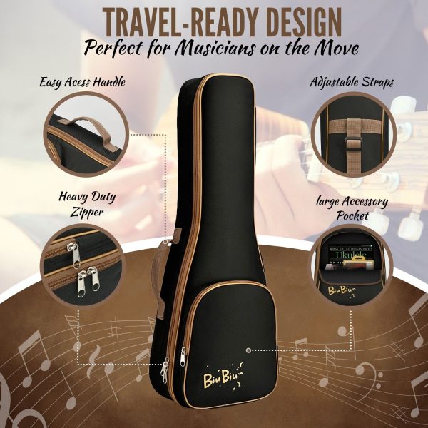 Flexzion Ukulele Case Bag - Ukulele 27 Inch Tenor Backpack Soft Case -  Waterproof Uke Gig Bag with Carrying Handle, Pocket & Adjustable Shoulder Strap, Black - Image 9