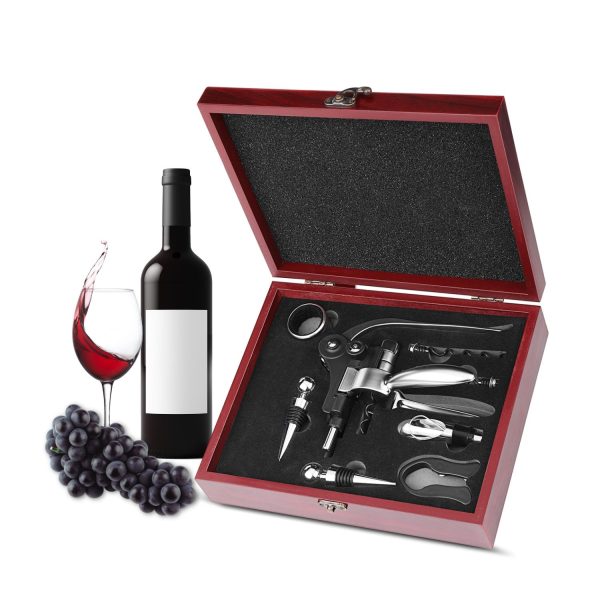 Flexzion Wine Opener Set  in Mahogany Wood Case - Wine Bottle Opener Gift Box with Wine Foil Cutter Tool, Stopper, Pourer, Drip Ring, & Lever-Action Corkscrew Wine Opener Manual for Wine Lovers