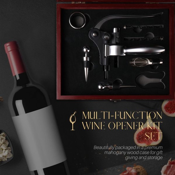 Flexzion Wine Opener Set  in Mahogany Wood Case - Wine Bottle Opener Gift Box with Wine Foil Cutter Tool, Stopper, Pourer, Drip Ring, & Lever-Action Corkscrew Wine Opener Manual for Wine Lovers - Image 2