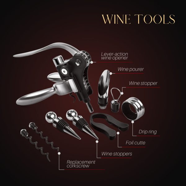 Flexzion Wine Opener Set  in Mahogany Wood Case - Wine Bottle Opener Gift Box with Wine Foil Cutter Tool, Stopper, Pourer, Drip Ring, & Lever-Action Corkscrew Wine Opener Manual for Wine Lovers - Image 3