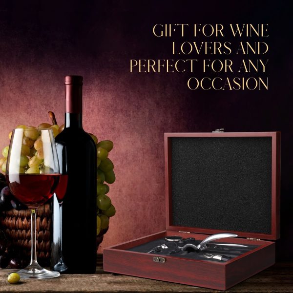 Flexzion Wine Opener Set  in Mahogany Wood Case - Wine Bottle Opener Gift Box with Wine Foil Cutter Tool, Stopper, Pourer, Drip Ring, & Lever-Action Corkscrew Wine Opener Manual for Wine Lovers - Image 8