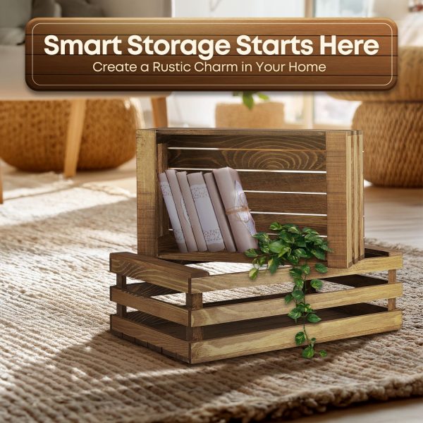 Flexzion Decorative Storage Wooden Crates - Rustic Style Finish Vintage Wood Storage Crate Decorative Home Decor Display Tray Open Top Carrier Nesting Boxes with Handles - (Set of 2) (Rustic Style) - Image 2