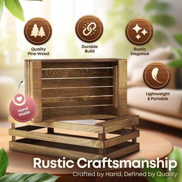 Flexzion Decorative Storage Wooden Crates - Rustic Style Finish Vintage Wood Storage Crate Decorative Home Decor Display Tray Open Top Carrier Nesting Boxes with Handles - (Set of 2) (Rustic Style) - Image 4