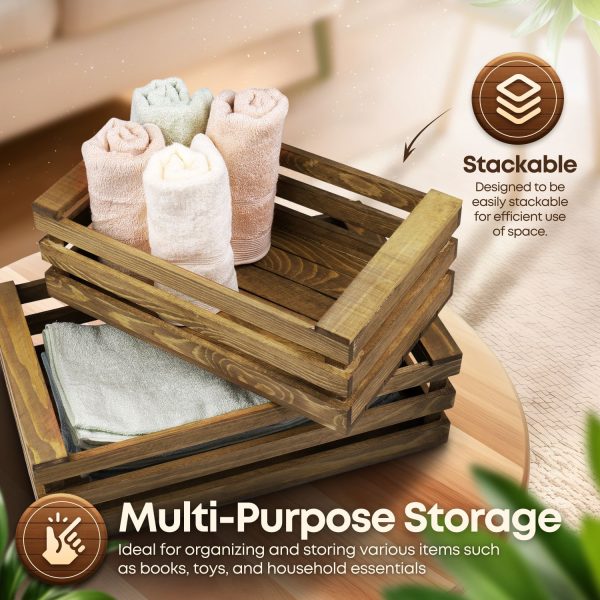 Flexzion Decorative Storage Wooden Crates - Rustic Style Finish Vintage Wood Storage Crate Decorative Home Decor Display Tray Open Top Carrier Nesting Boxes with Handles - (Set of 2) (Rustic Style) - Image 6