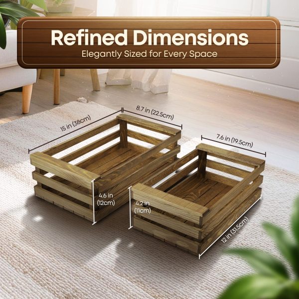 Flexzion Decorative Storage Wooden Crates - Rustic Style Finish Vintage Wood Storage Crate Decorative Home Decor Display Tray Open Top Carrier Nesting Boxes with Handles - (Set of 2) (Rustic Style) - Image 7