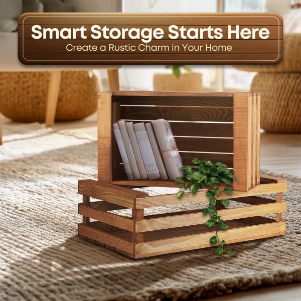 Flexzion Decorative Storage Wooden Crates - Vintage Wood Storage Crate Rustic Style Finish Home Decor Display Tray Open Top Carrier Distressed Nesting Boxes with Handles - (Set of 2) (Gray - Image 2