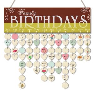Flexzion Birthday Dates Wall Decor – Wooden Calendar Wall Hanging Family Birthday Plaque with Tags DIY Reminder Board with 50 Tags Discs and Hearts Birthday Board Chips for Home Office Wall Display