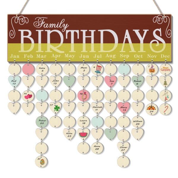 Flexzion Birthday Dates Wall Decor – Wooden Calendar Wall Hanging Family Birthday Plaque with Tags DIY Reminder Board with 50 Tags Discs and Hearts Birthday Board Chips for Home Office Wall Display