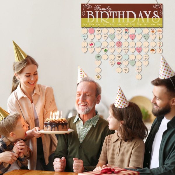 Flexzion Birthday Dates Wall Decor – Wooden Calendar Wall Hanging Family Birthday Plaque with Tags DIY Reminder Board with 50 Tags Discs and Hearts Birthday Board Chips for Home Office Wall Display - Image 2