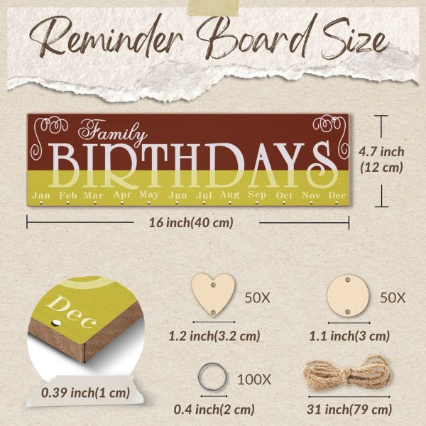 Flexzion Birthday Dates Wall Decor – Wooden Calendar Wall Hanging Family Birthday Plaque with Tags DIY Reminder Board with 50 Tags Discs and Hearts Birthday Board Chips for Home Office Wall Display - Image 3