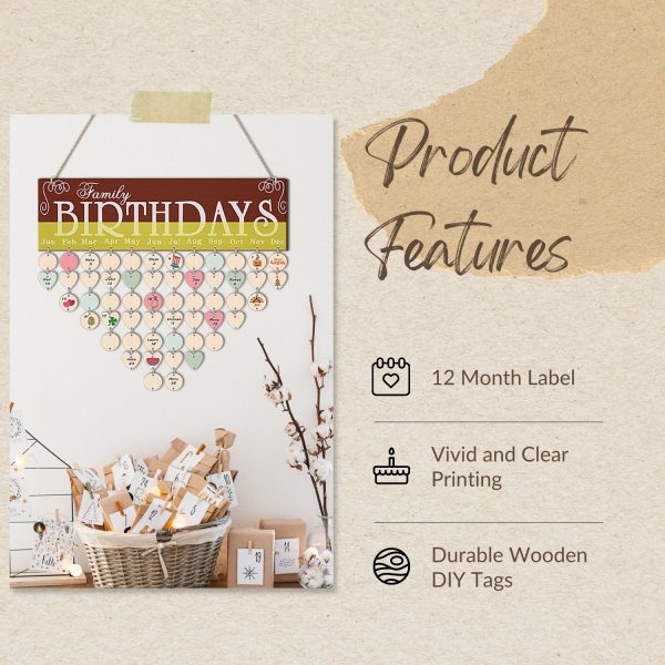 Flexzion Birthday Dates Wall Decor – Wooden Calendar Wall Hanging Family Birthday Plaque with Tags DIY Reminder Board with 50 Tags Discs and Hearts Birthday Board Chips for Home Office Wall Display - Image 4