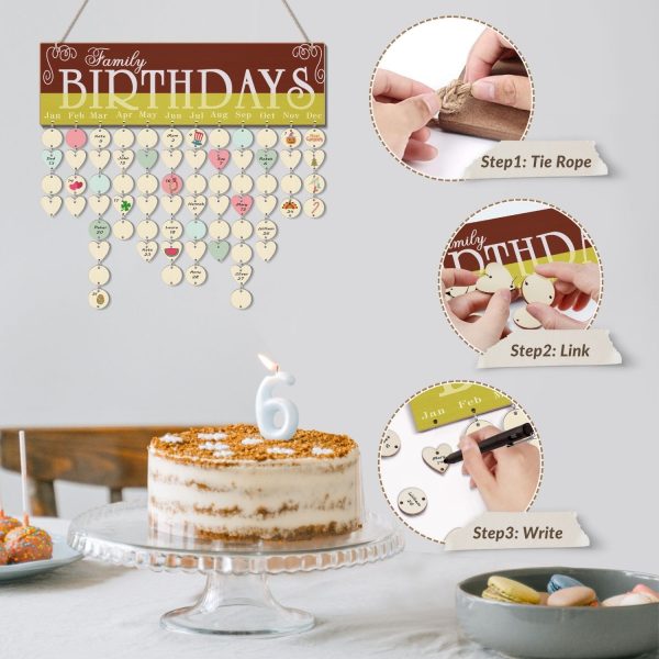 Flexzion Birthday Dates Wall Decor – Wooden Calendar Wall Hanging Family Birthday Plaque with Tags DIY Reminder Board with 50 Tags Discs and Hearts Birthday Board Chips for Home Office Wall Display - Image 7