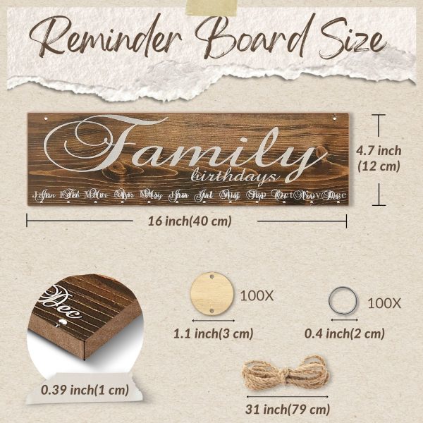 Flexzion Family Birthday Plaque with Tags DIY Wooden Birthday Calendar Wall Hanging Family Plaque Reminder 50 Tags (Round) Birthday Board Chips - Image 3